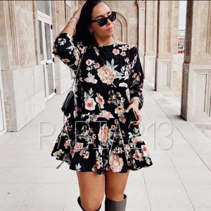 ZARA floral black flare frilled long sleeve dress size small